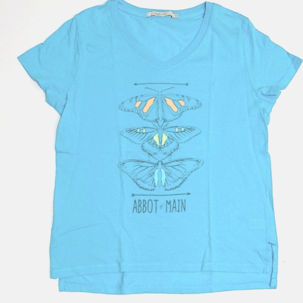 Abbot Main blue V-neck butterfly tee, size M (runs small)